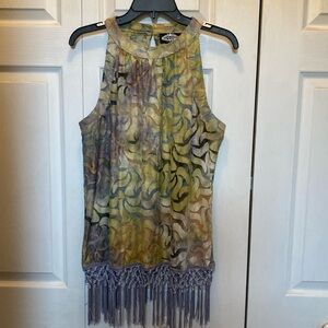 Beautiful top ..  shades of green, purple, brown, and blue tassels at bottom